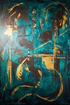 Tableau abstrait bleu et or inspiré du kintsugi – Art ArThuy Luxembourg.