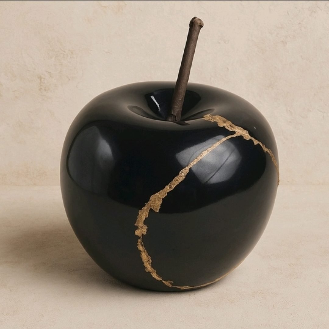 Pomme noire réparée à l’or selon la méthode du kintsugi – Art ArThuy Luxembourg.