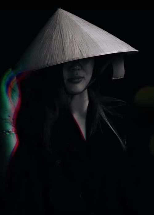 Portrait artistique de Thuy Gattaux portant un chapeau asiatique traditionnel, dans une ambiance symbolique et introspective.