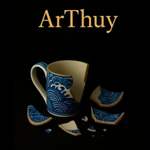 Logo ArThuy – Tasse brisée bleue et dorée, symbole du kintsugi.